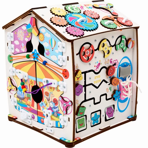 Бизиборд домик развивающий Смайлики на аттракционе со светом