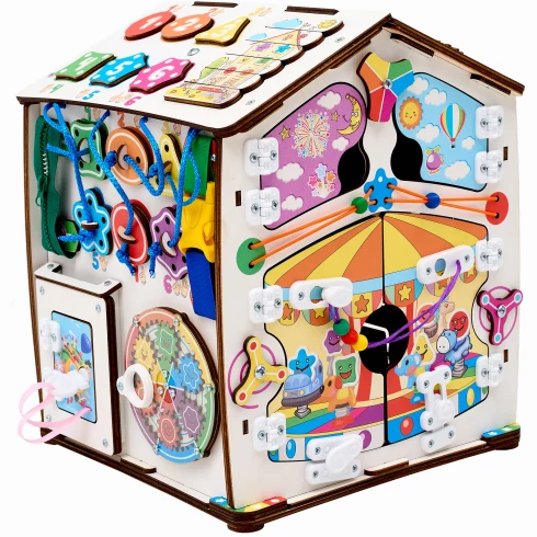 Бизиборд домик развивающий Смайлики на аттракционе со светом