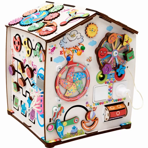 Бизиборд домик развивающий Смайлики на аттракционе со светом