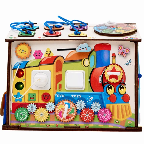 Бизиборд домик Смайлики на паровозике 29х35 см со светом